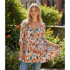 Terra Sky Womens 3X Floral Babydoll Tunic Top 3/4 Sleeve Lace Up Tassel Multi
